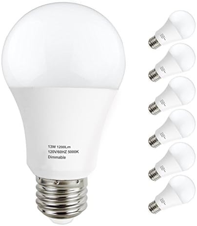 LAKES A19 LED Bulb Dimmable, E26 Base Light Bulb 13W (100W Equivalent), 1200 Lumens, 270° Beam Angle, 5000K Daylight White, 6-PACK