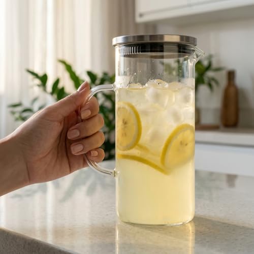 Jarra de Vidro Borossilicato 1L com Tampa Inox – Bico com Filtro Resistente para Água Suco e Chá