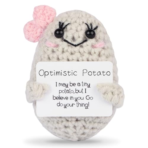 Hoedia Handmade Emotional Pickle Gift, Emotional Cucumber Crochet Doll Inspirational Gifts with Cards, Cute Knitted Funny Support Pickle Potato Friend Birthday (Potato with Rouge)