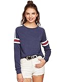ROMWE Women's sweater Heathered Striped Raglan long Sleeve sport tee Sweatshirt Navy L