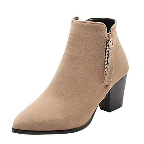 Tantisy ♣↭♣ Women's Faux Suede Ankle Boots Chunky Low Heel Comfortable Everyday Round Toe Bootie Casual Zip Up Bootie Beige