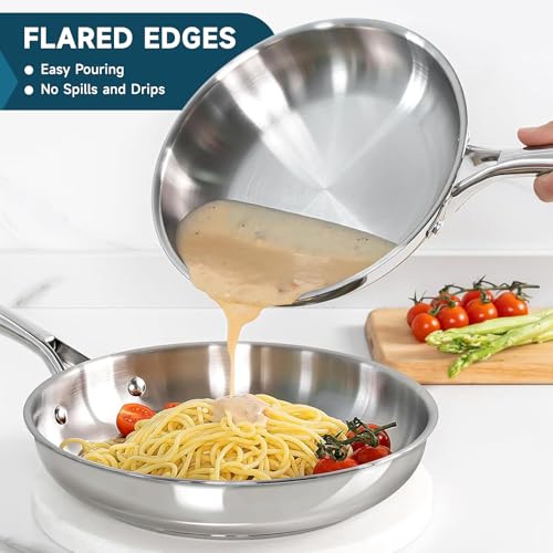 KoolShiro 3PCS Stainless Steel Frying Pan for Searing & Sauteing, 3 Ply Cookware for Durability & Even Heating, Compatible with All Cooktops Up to 600℉