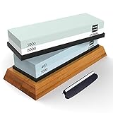 Premium Knife Sharpening Stone Kit, ASEL 4 Side 400/1000 3000/8000 Grit Whetstone, Best Kitchen Blade Sharpener Stone, Non-Slip Bamboo Base and Bonus Angle Guide Included