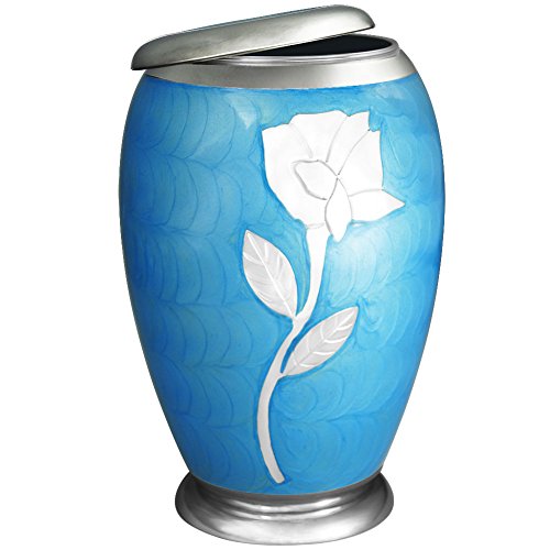 MEILINXU - Funeral Urns for Adults Ashes, Cremation Urn for Human Ashes - Memorials Urns for Ashes - Display Burial Urn at Home or in Niche at Columbarium (Ascot Blue with Silvery Rose, Large Urn