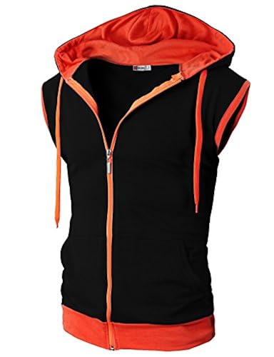 H2H Mens Active Fashion Sleeveless Hoodie Zip-up Vest Black/Orange
