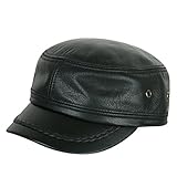 ililily Genuine Leather Braid Detail Military Cap Flex Fit Flat Top Black Hat