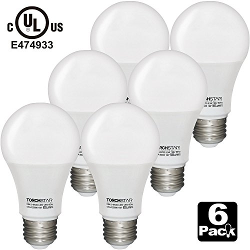 TORCHSTAR A19 LED Light Bulb, 9.5W (60W Equivalent), 5000K Daylight, 800lm, E26 Medium Base, UL-listed, 2 YEARS WARRANTY, Pack of 6