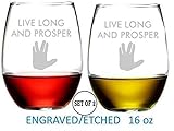 Live Long And Prosper Star Trek Inspired Stemless Wine Glasses Etched Engraved Great Handmade Gifts for Everyone Set of 2
