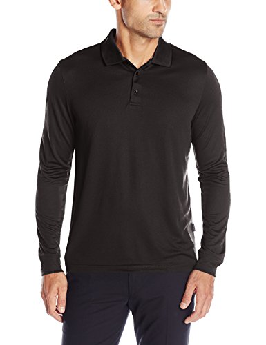 Perry Ellis Men's 3 Button Long Sleeve Jacquard Polo, Black, Medium