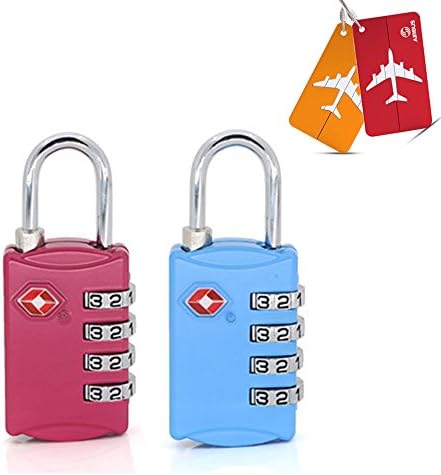 TSA Approved Luggage Locks (2 Pack) ,Supercope-4 Digit Combination Padlock for Travel Luggage Baggage Gym Backpack Locker Suitcase,with 2 Metal Travel Suitcase Luggage Tags (Red+Blue)