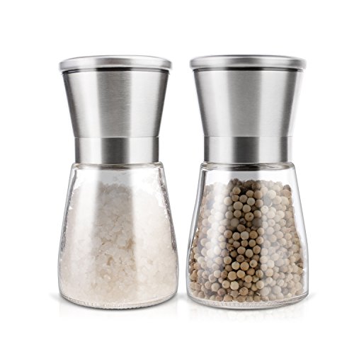 OTBBA Premium Salt and Pepper Grinder Set of 2 - Brushed Stainless Steel Mill Set, Adjustable Coarseness Salt and Pepper Mill Shakers with 6 oz Glass Body