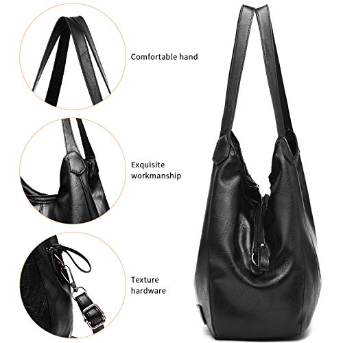 Shoulder Bags for Women Soft Leather Hobo Bags 3 Compartment Large Capacity Handbag Multiple Pocket Tote Bag,Black
