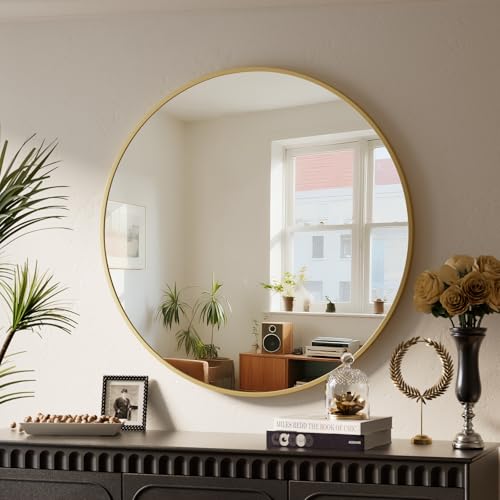 BEAUTYPEAK 46 cm Round Mirror, Shatterproof Wall Mirror with Aluminium Frame, Bathroom Mirror for Hanging and Leaning, Round Wall Mirror for Bedroom, Bathroom, Living Room, Gold