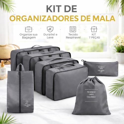 Kit Organizador de Mala 7 Peças com Zíper Duplo e Malha Respirável – Organizadores de Viagem para Roupas, Calçados e Acessórios – Conjunto Compacto e Impermeável