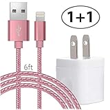oliblok Long Phone Cord - 6FT Braided Pink Durable Charging Data Sync Cable with AC Wall Charger USB Brick Travel Power Adapter White Outlet Plug fits Phone X 8 7 6 5 SE Plus and More - White