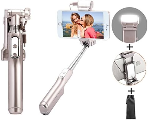 Wireless Selfie Stick with Fill Light and Mirror for iphone X/8 8plus/7 7plus/6s 6splus,Samsung S9 S9 Plus/Note 8/S8 S8Plus Qicool Extendable Monopod Compatible with LG, Huawei and Most Phones-Gold