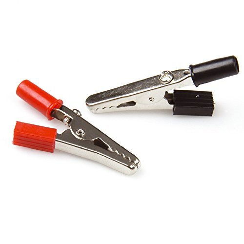 Constrabo® | 20x crocodile clips with screw, bayonet cap & plastic handle | 10x each red & black | Iron, nickel-plated | Length 50 mm | Technical alligator clips | Crocodile clamps, crocodile clip