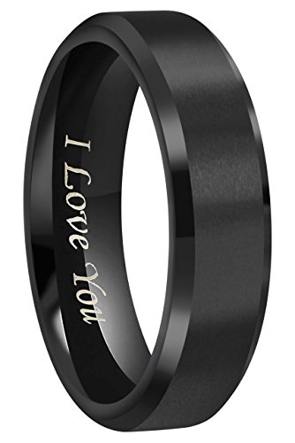 4mm/6mm/8mm Black Titanium Wedding Couple Bands Rings Men Women Matte Finish Beveled Edges Engraved 