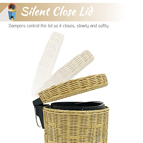 Wicker Trash Can with lid Bathroom, Rattan Step Trash Can for Kitchen Home, 5 Liter Silent