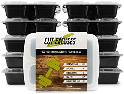 Meal Prep Containers by Cut Excuses: 10-pack 3-compartments lidded food containers/clear, stackable,leak-proof, air-tight food storage containers BPA-Free, microwave, dishwasher, &amp; freezer safe