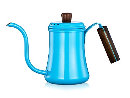 Diguo Classic Pour Over Kettle Coffee Hand Drip Kettle Coffee Pot Tea Pot with Wooden Handle (0.7 Liter), Gooseneck (Blue)
