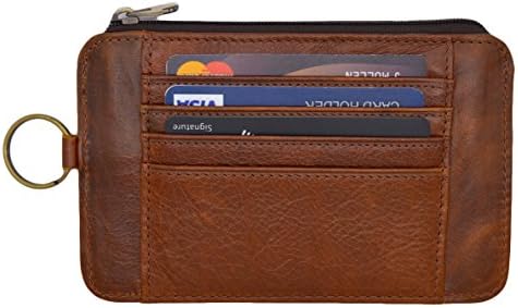 Mens Leather Wallet with Zipper and Key Ring Front Pocket Card Case