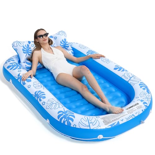 COMMOUDS Inflatable Tanning Pool Lounger Float with Cervical Pillow - Pool Floats Adult for Sunbathing, Backyard, Pool Party - Inflate Ball Pit for Babies - Kids Swimming Pool Bed
