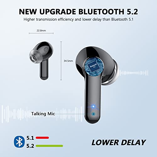 Wireless Earbuds, Bluetooth 5.2 Stereo Earbuds, 48H Playtime with LED Power Display, Bluetooth Headphones with Noise Cancelling Mic, IPX7 Waterproof Deep Bass Earphones for Sports and Work