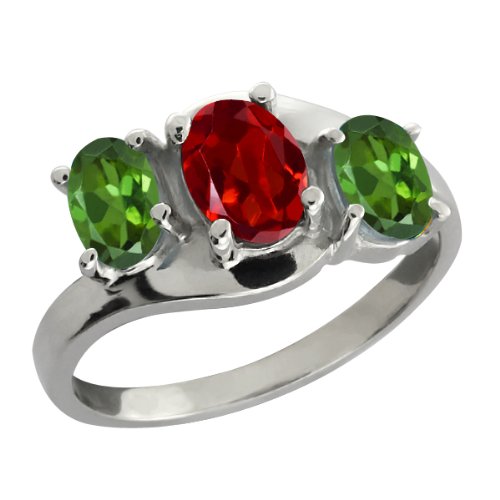 1.70 Ct Oval Red Garnet and Green Tourmaline 14k White Gold Ring