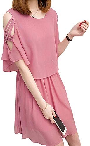 ［ニーマンバイ］ オープンショルダー 半袖 ワンピース 膝丈 無地 ドレス レディース S～3XL