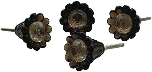 STOCK CLEARANCE SALE - AB Handicrafts - Set of 4 Flower Shape Glass Knobs with Nickel Hardware for Home Office Cabinet Cupboard Drawer Kitchen Cabinets Dresser Wardrobe Home Decoration (Black)