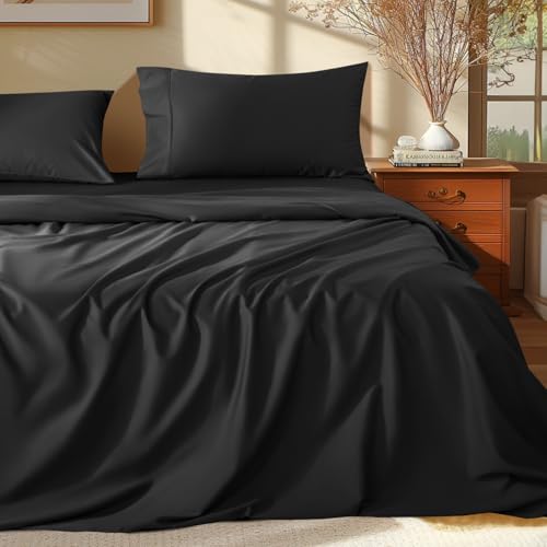 Shilucheng 100% Egyptian Cotton Sheets Set - 1000 Thread Count，Luxury Cotton Bed Sheets，Breathable & Cooling Bedding and Pillow Cases, 16 Inch Deep Pocket - 4 Piece(105" x 101", Black)