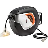 Giraffe Tools Retractable Extension Cord Reel 50FT 12 Gauge SJTOW | Lighted Triple Tap, 180&deg; Swivel Bracket, 15A/1875W Power Cord, Wall/Ceiling Mount, Circuit Breaker Protection