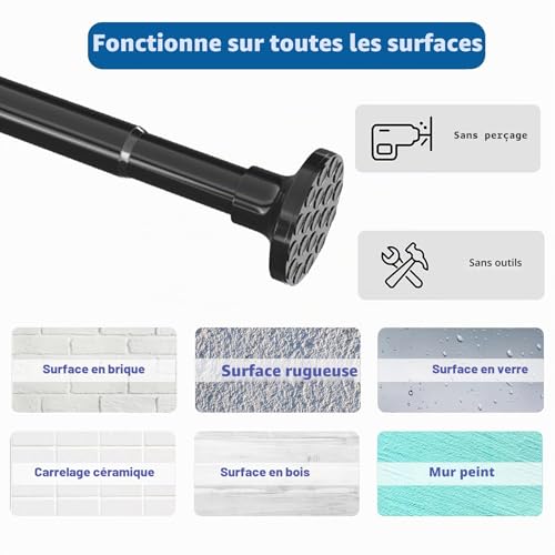 No Drilling Curtain Rod, 400 cm Long, 4 m Extra Length, Shower Rod, No Drilling, Extendable Clothes Rail for Bathroom, Bedroom, Black (350)