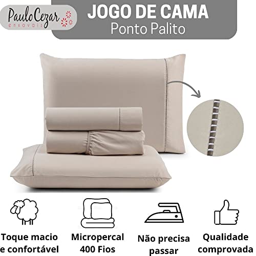 Jogo de Cama Queen Percal 400 Fios Ponto Palito 04 Peças, Antiácaro, Anti-pilling com Toque Macio - Bege