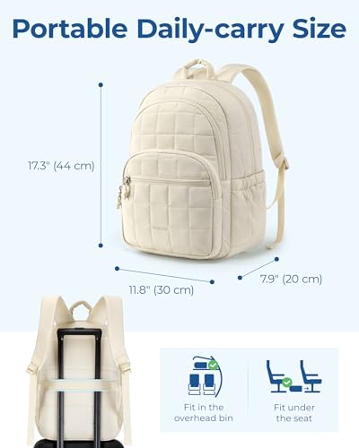 bagsmart Laptop Backpack for Women, Travel Backpack, School Backpack, Teenager Quilted Daypack, Waterproof Book Bag for 15.6 Inch Laptop, College Travel, Beige