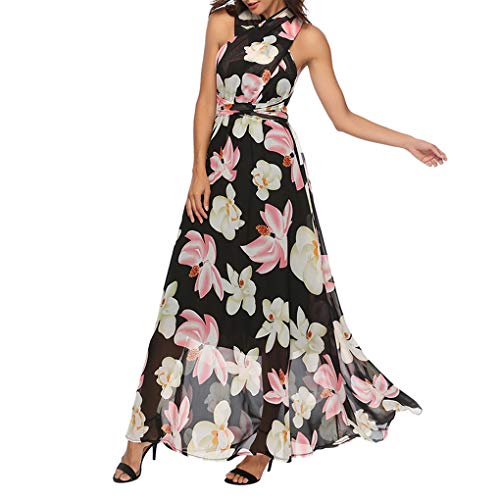 TIFENNY Multi-wear Maxi Dresses for Women V Neck Printed Bandage Backless Sleeveless Swing Dress Beach Long Dress White