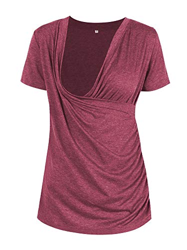 Liu & Qu Women's Short Sleeve Nursing Tops V Neck Side Ruched Breastfeeding T-Shirt Wine Red