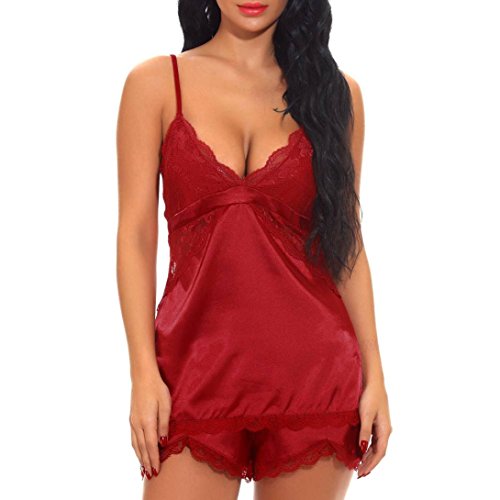 ManxiVoo Women Lingerie 2 Pcs Sleepwear Womens Backless Chemise Nightgown Full Slip Lace Dress Nightdress for Summer (Wine Red, XL)
