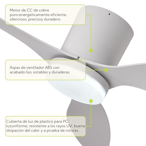 Ventilador de Techo con Luz y Mando a Distancia, 106cm, Motor DC Silencioso de Bajo Consumo, 3 Aspas de ABS Blanco (Anticorrosión), LED Regulable 3 Tonos, Temporizador, para Dormitorio y Salón