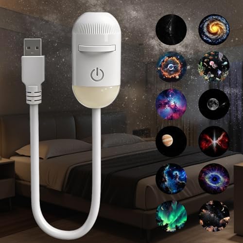 Bukbas 2-in-1 Galaxy Projector Night Light, Starry Sky Projector Children | 360° Adjustable USB LED Starry Sky Projector with 12 Sliding Projection Films for Car Bedroom Party Gifts