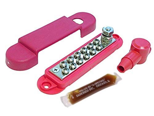 Bay Marine Supply Busbar - 12-Point Power Distribution Block (240A Rating) - #8 Terminal Screws & 1/4" Stud Red Bus Bar (with Complimentary Electrical Grease)
