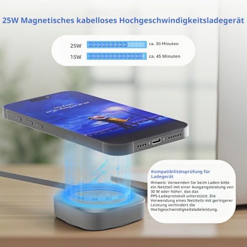 25W Wireless Ladegerät Magnetisches mit einziehbarem USB-C Kabel 0,7 m, 25W Qi2.2 Mag Safe iPhone Schnellladegerät für iPhone 17/16/15/14/13/12, Kabellos Ladegerät Pad für Samsung Galaxy, Pixel usw