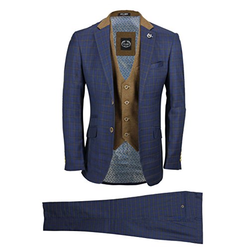 Mens Ultra Slim Fit Vested Suit - Plaid Windowpane Pattern Three Piece Suit in Navy Checker main image 1