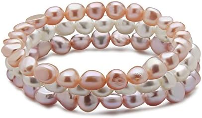 TARA Pearls &amp; BCRF Set of 3 7-8mm Natural Color Freshwater Cultured Multi Color Pearl Stretch Bracelets, 7"