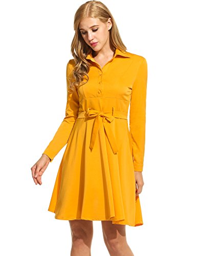 Down Collar Long Sleeve Pleated Swing Shirts Dress เดรส แฟชั่นชุดทำงาน With Belt ANGVNS ผู้หญิง Turn