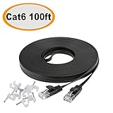 Jadaol Cat 6 Flat Ethernet Cable 100 ft Black with Cable Clips - Slim Long Network Cable- Fast Ethernet Patch Cable- with Snagless Rj45 Connectors - 100 feet Black (30 Meters)