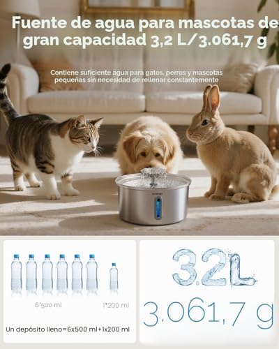 Fuente para Gatos Acero Inoxidable, 3.2L con Boquilla de Flor, Filtración de 5 Etapas, Ventana de Nivel y Fácil Limpieza - Ideal para Gatos y Perros Pequeños, Incluye 4 Filtros de Repuesto
