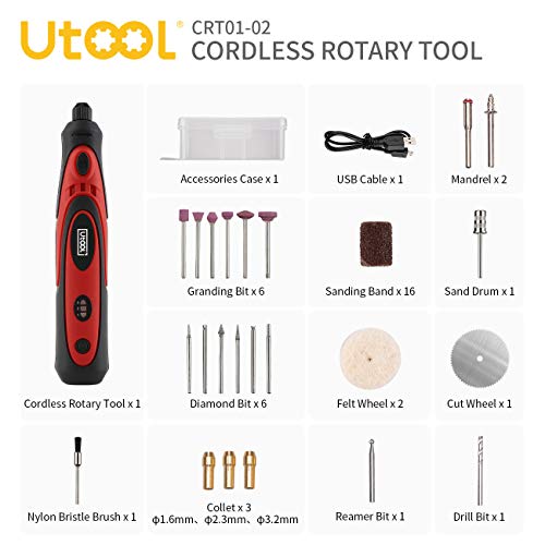 Cordless Rotary Tool, Utool 3.6V Li-ion Rotary Tool with 42 Accessories, USB Charging Cable and 3 Variable Speed of 5000~15000rpm for Delicate & Light DIY Small Projects, Red
