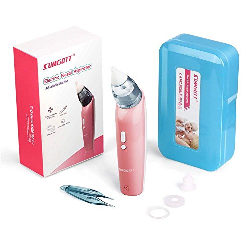 Nose Suction SUMGOTT Baby Nasal Aspirator - Safer and Faster as Well as Hygienic Nose Cleaner with 3 Levels of Operation & 2 Size Tips for Newborns & Toddlers